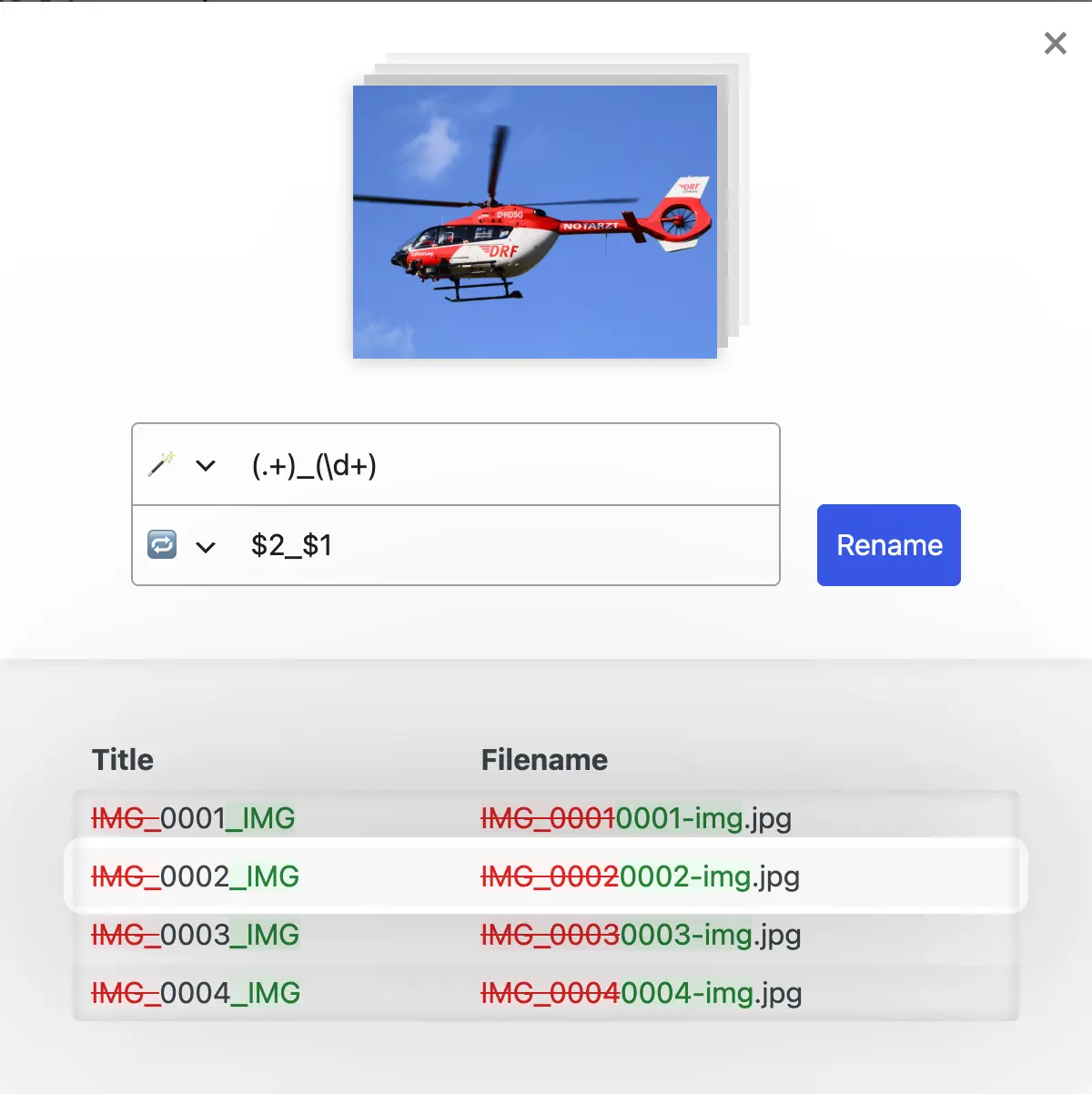 Renombrado masivo con Regex para filtrar y reemplazar partes del nombre según reglas dinámicas de reemplazo