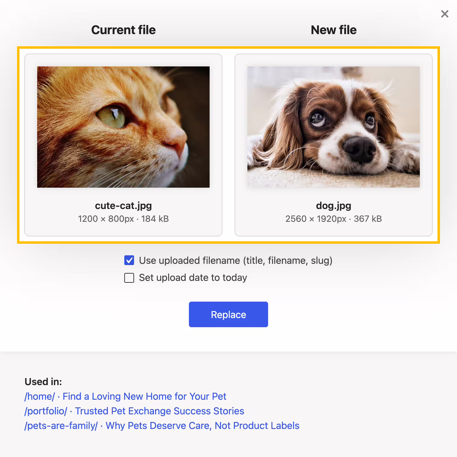 Media files like images, videos, and documents can be swapped in a flash via drag and drop