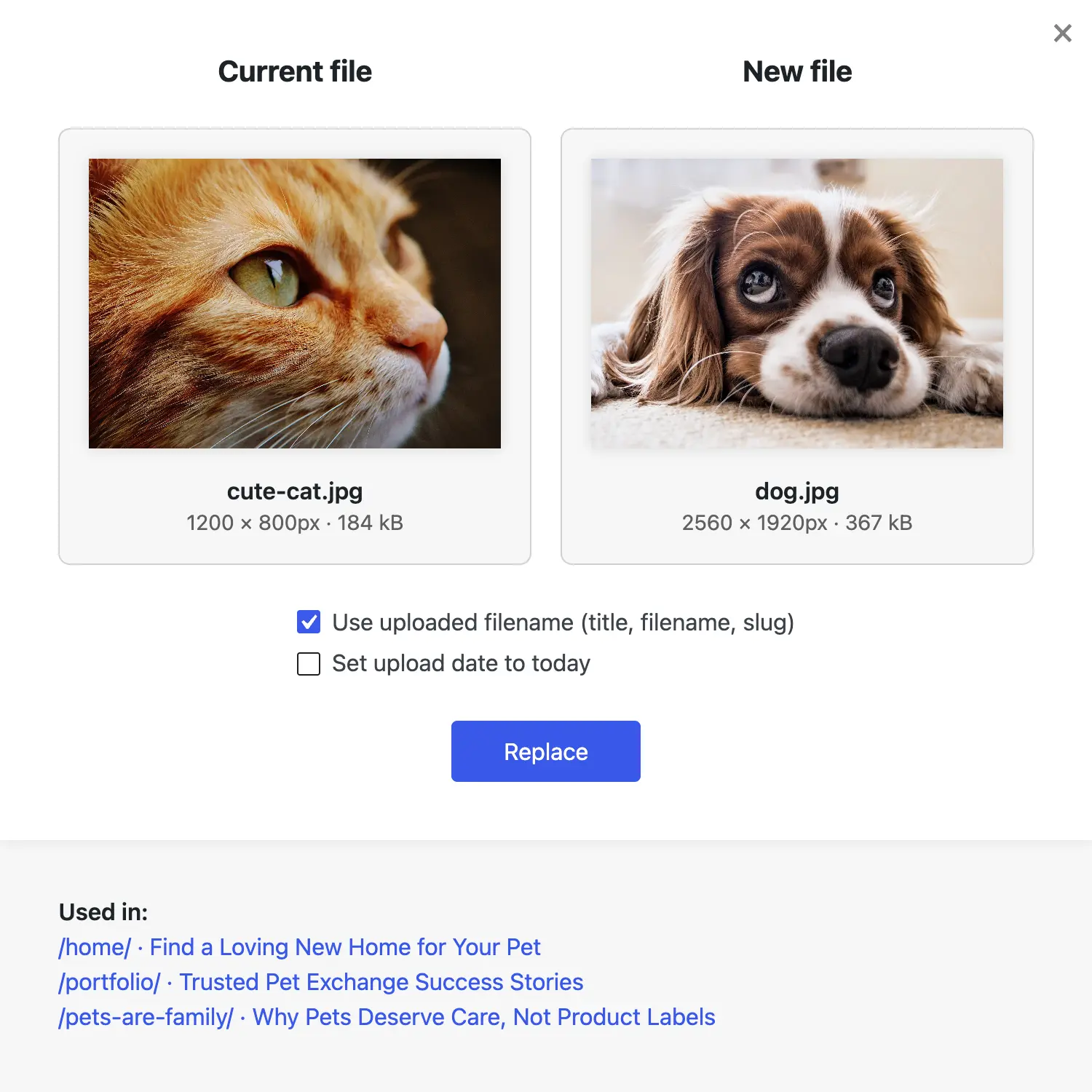Screenshot neo Replace - Replace media files, images, videos and PDFs in WordPress and keep existing references.