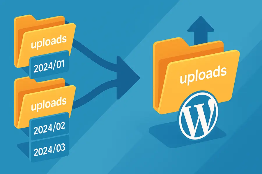 Move WordPress media from year/month folders into the main uploads folder afterwards. Visualization of the folders.