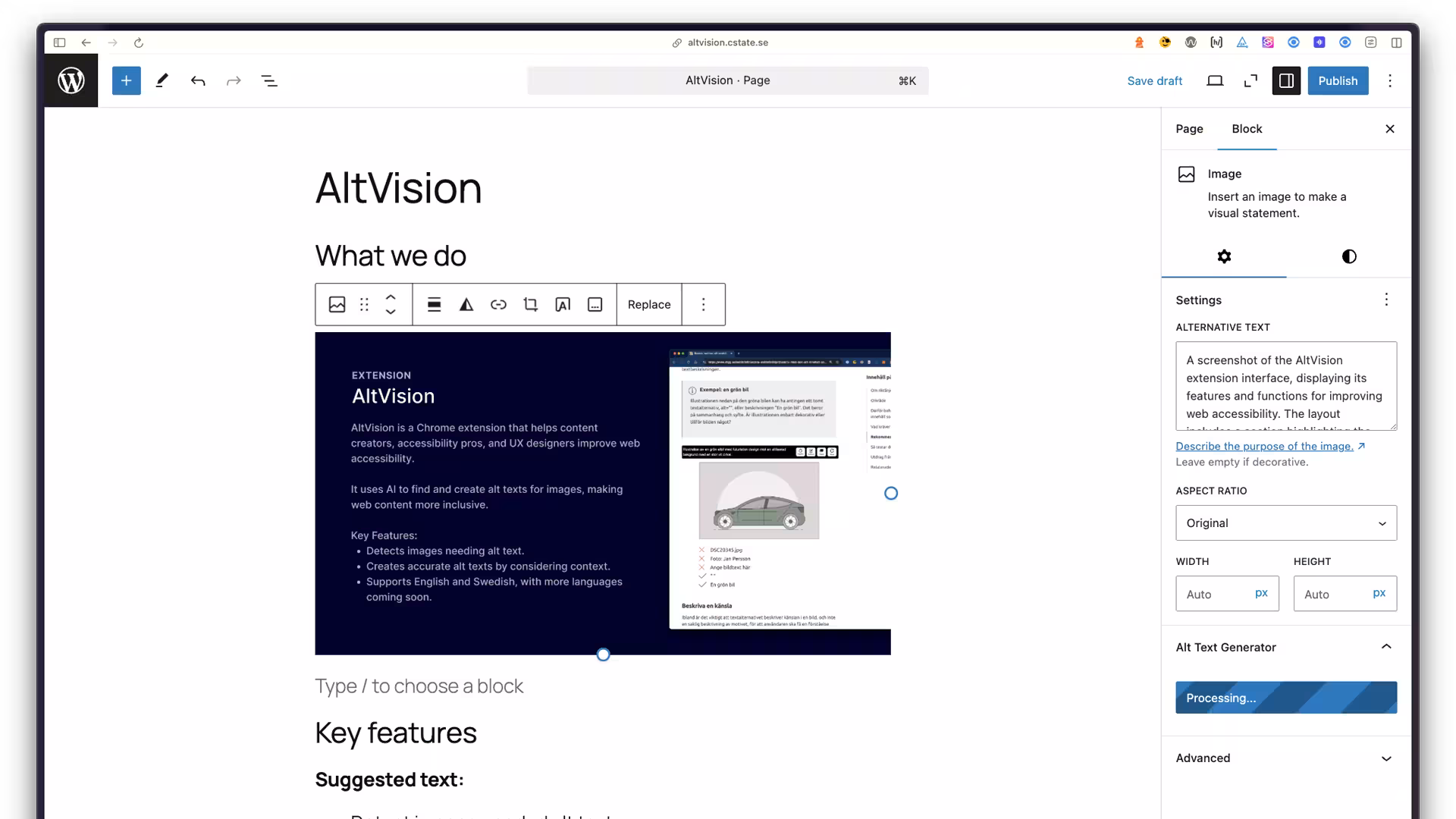 Screenshot of the WordPress plugin altvision-ai-alt-text-generator on the topic: accessibility, AI, Alt Text, images, vision.
