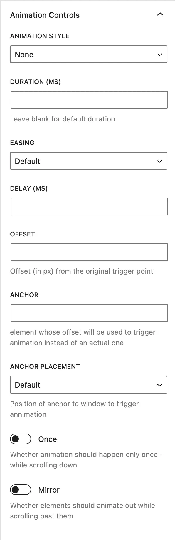 Screenshot of the WordPress plugin ani-mate-animation-extension on the topic: animation, aos, gutenberg