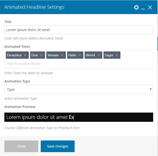 Screenshot of the WordPress plugin animated-headline-visual-composer about: animated effect, animated text, Animation Effect, effect, WPBakery