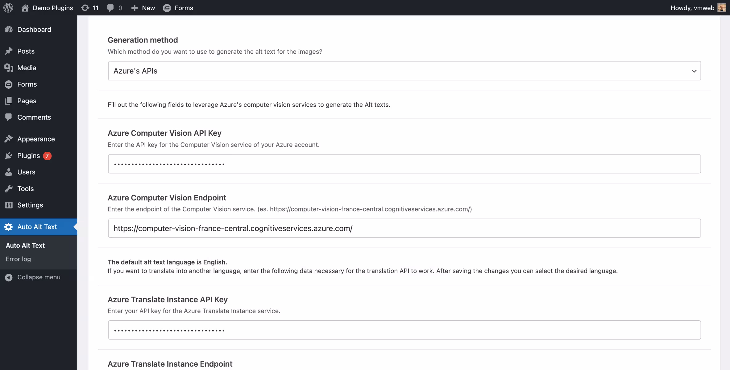 Screenshot of the WordPress plugin auto-alt-text on the topic: accessibility, alt tag, Alt Text, openai, seo
