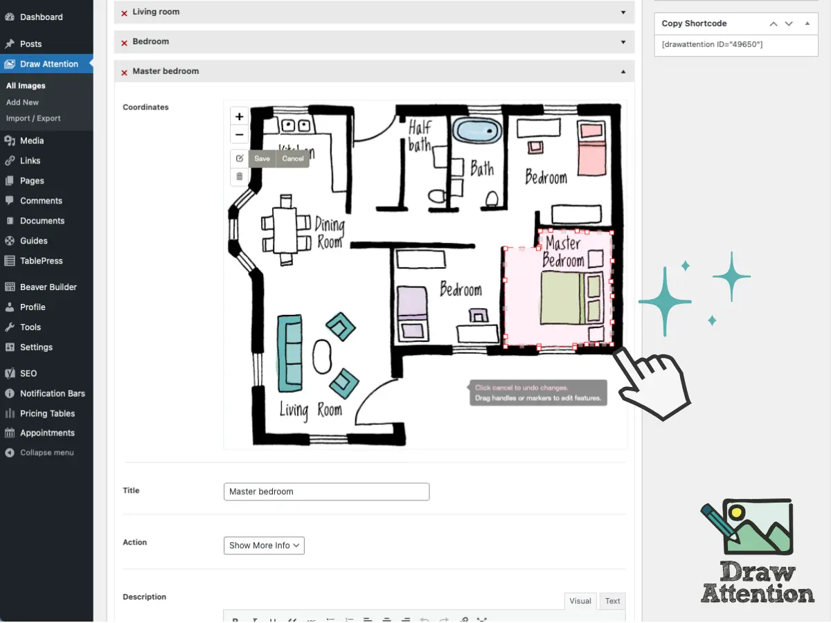 Screenshot of the WordPress plugin draw-attention on the topic: floor plan, hotspot, Image Map, image maps, interactive images