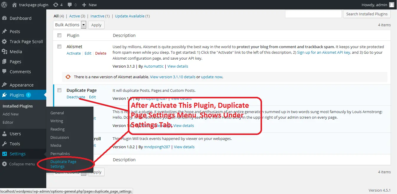 Captura de pantalla del plugin de WordPress duplicate-page sobre: duplicate custom posts, duplicate page, duplicate post, Page Duplicate, Post duplicate
