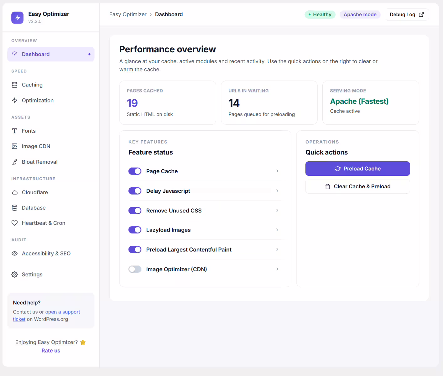 Capture d e9cran du plugin WordPress easy-optimizer sur le th e8me : cache, core web vitals, lazy load, pagespeed, performance
