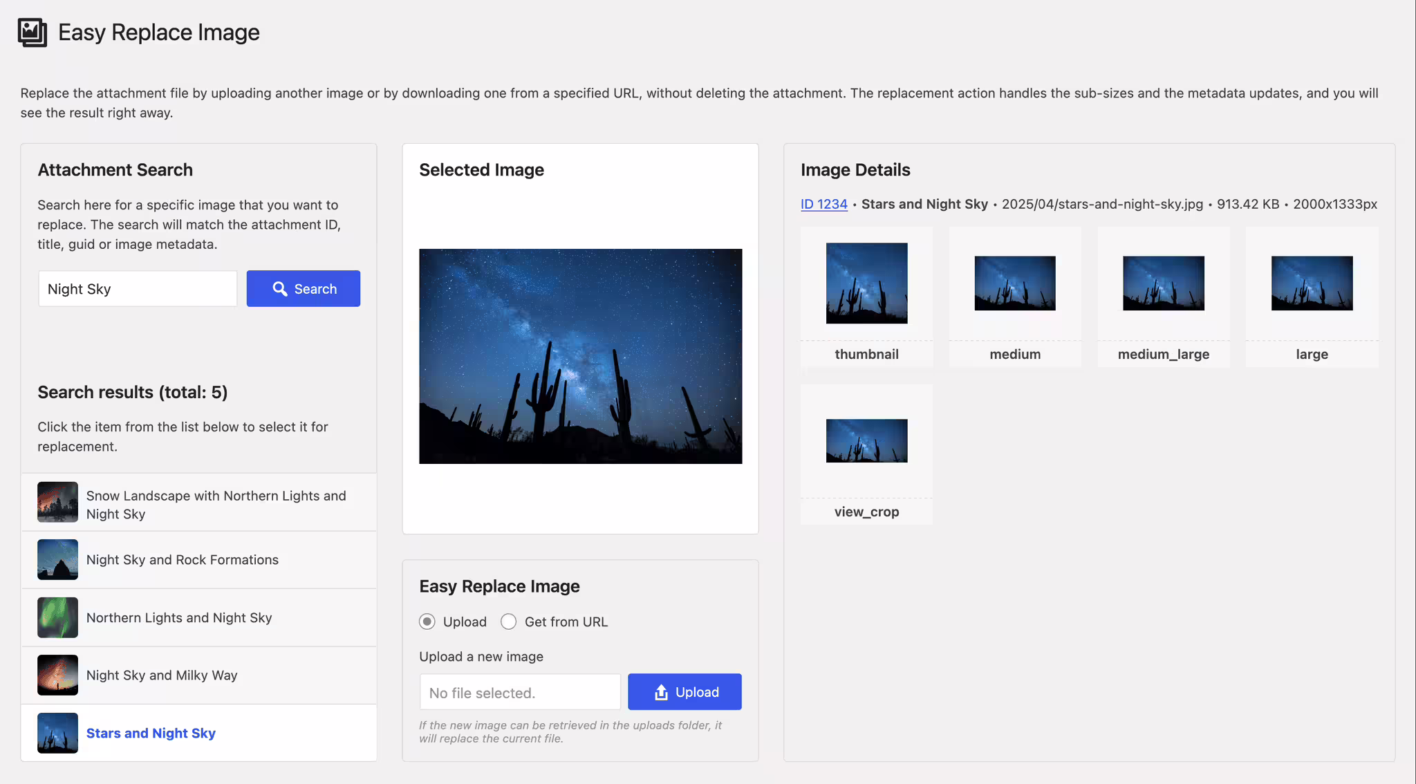 Screenshot of the WordPress plugin easy-replace-image on the topic: change attachment file, download image, image refresh, repair broken image, replace image