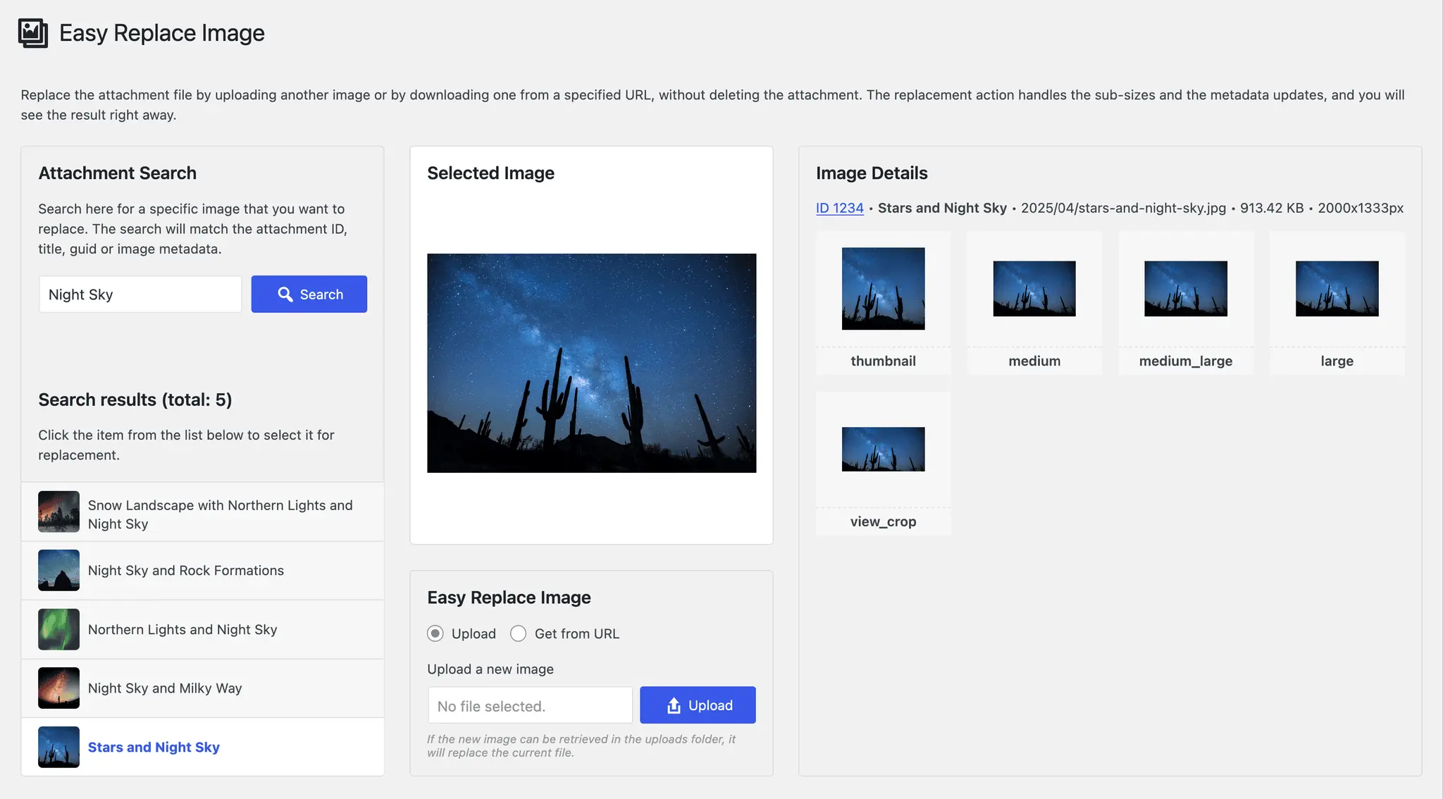Captura de pantalla del plugin de WordPress easy-replace-image sobre: change attachment file, download image, image refresh, repair broken image, replace image