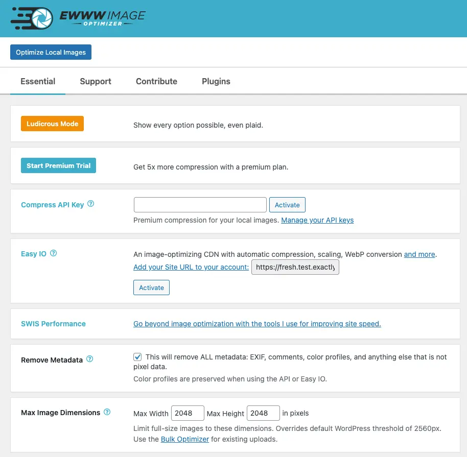 Screenshot des WordPress Plugins ewww-image-optimizer zum Thema: compress, convert, lazy load, resize, webp