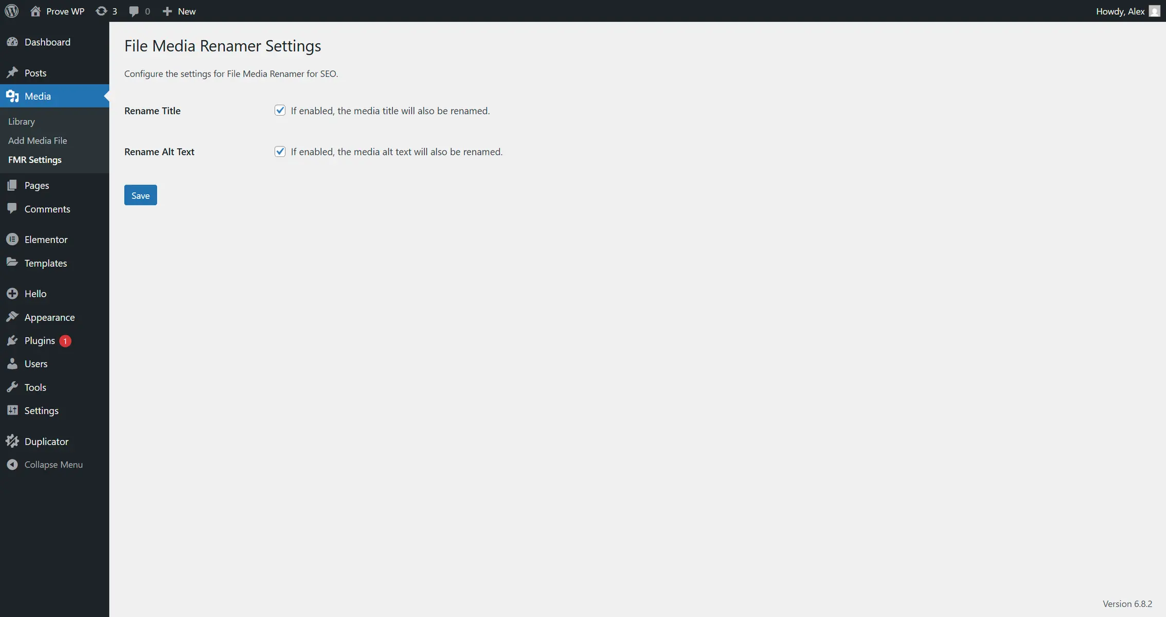 Screenshot of the WordPress plugin file-media-renamer-for-seo on the topic: Alt Text, bulk rename images, image seo, image titles, rename media files