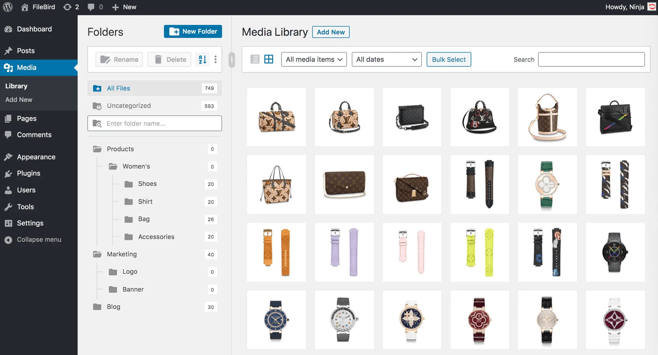 Screenshot des WordPress-Plugins filebird zum Thema: Dateimanager, Medien, Medienordner, WordPress-Medienbibliotheksordner, WP-Medienordner