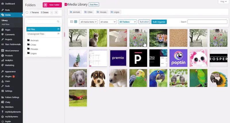 Screenshot des WordPress Plugins folders zum Thema: folder, folders, media library, pages folders, replace media