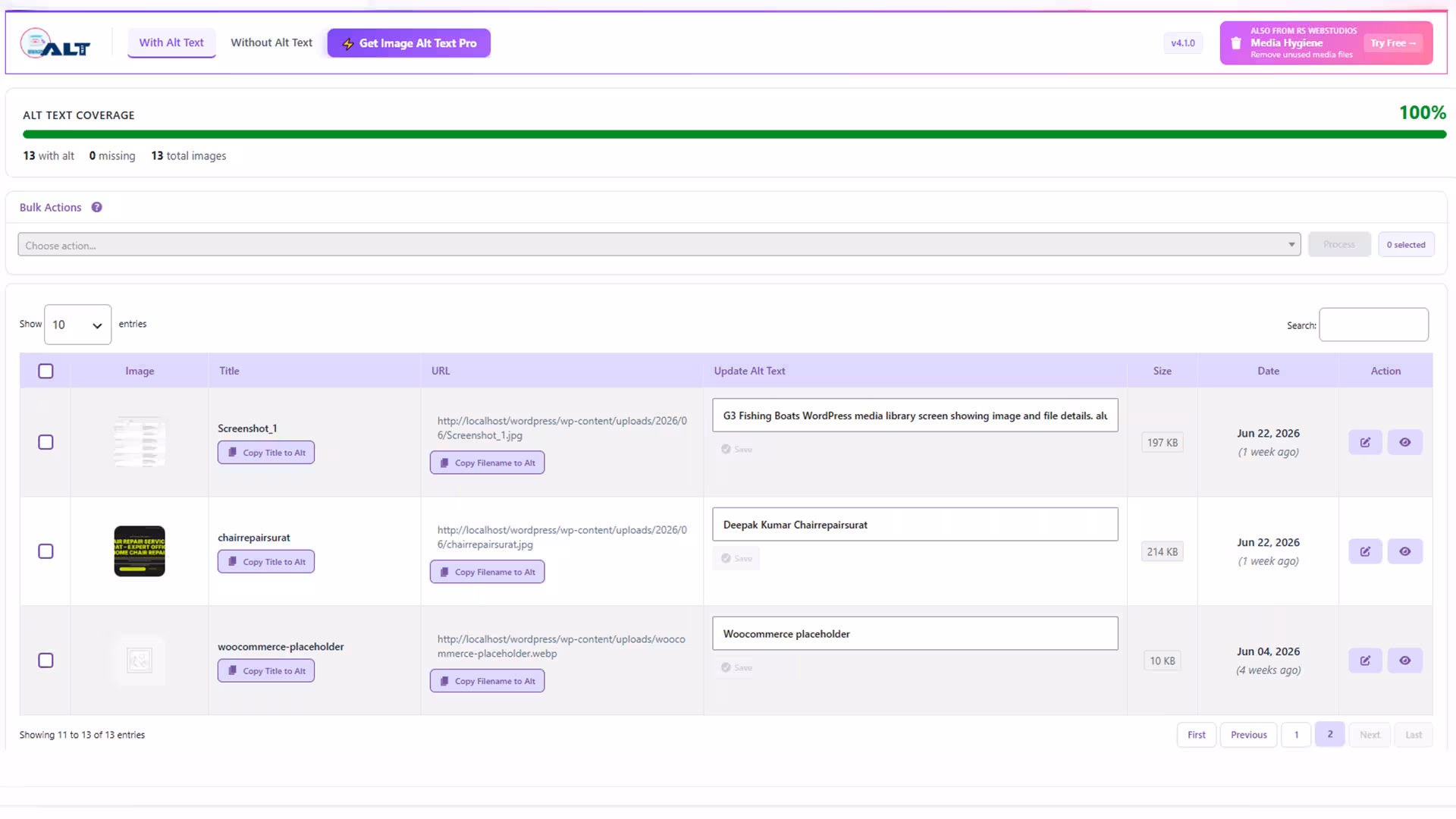 Screenshot of the WordPress plugin image-alt-text on the topic: AI alt text, Alt Text, bulk alt text, image alt text, image seo