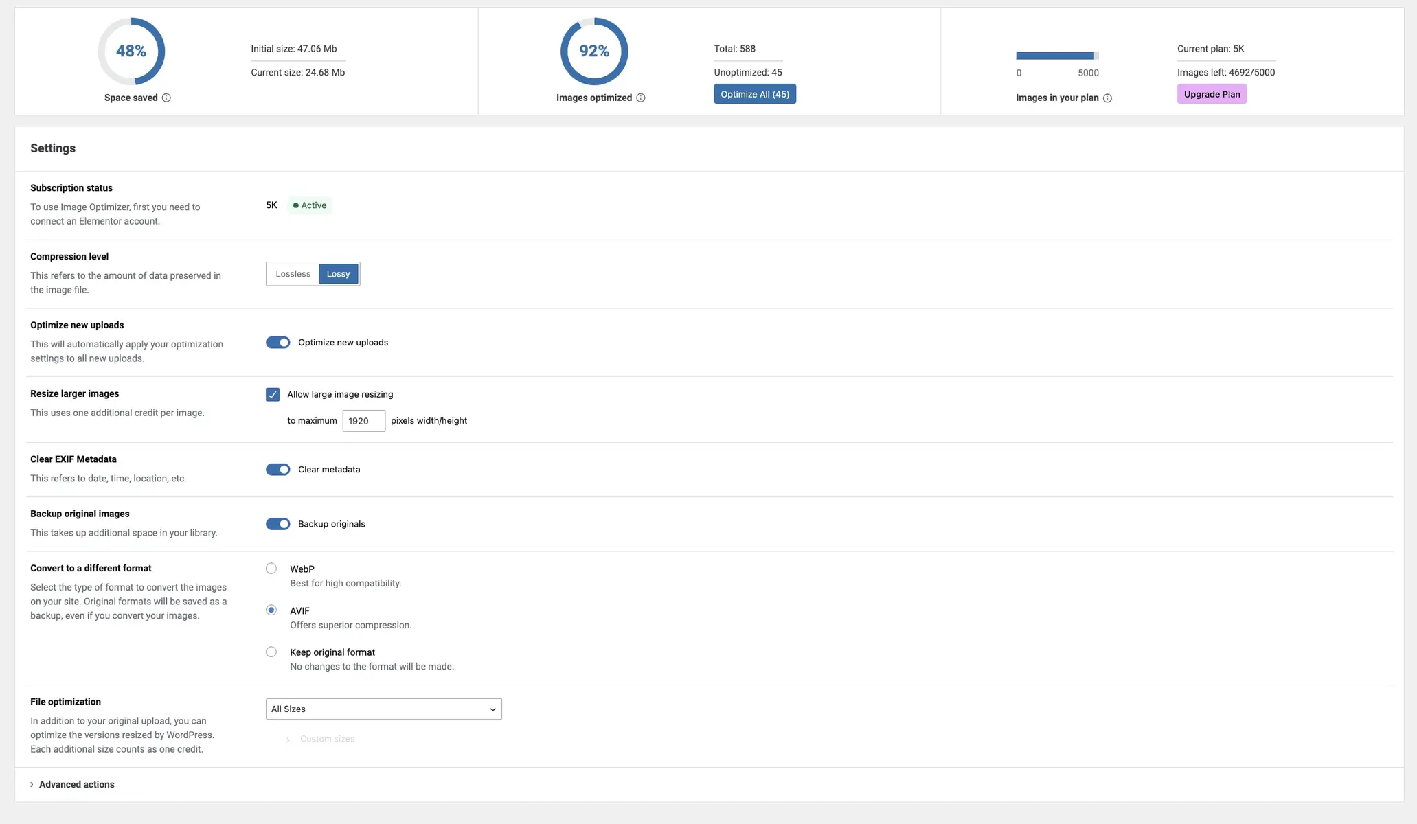 Screenshot of the WordPress plugin image-optimization about: convert AVIF, convert webp, image compression, image optimization, performance