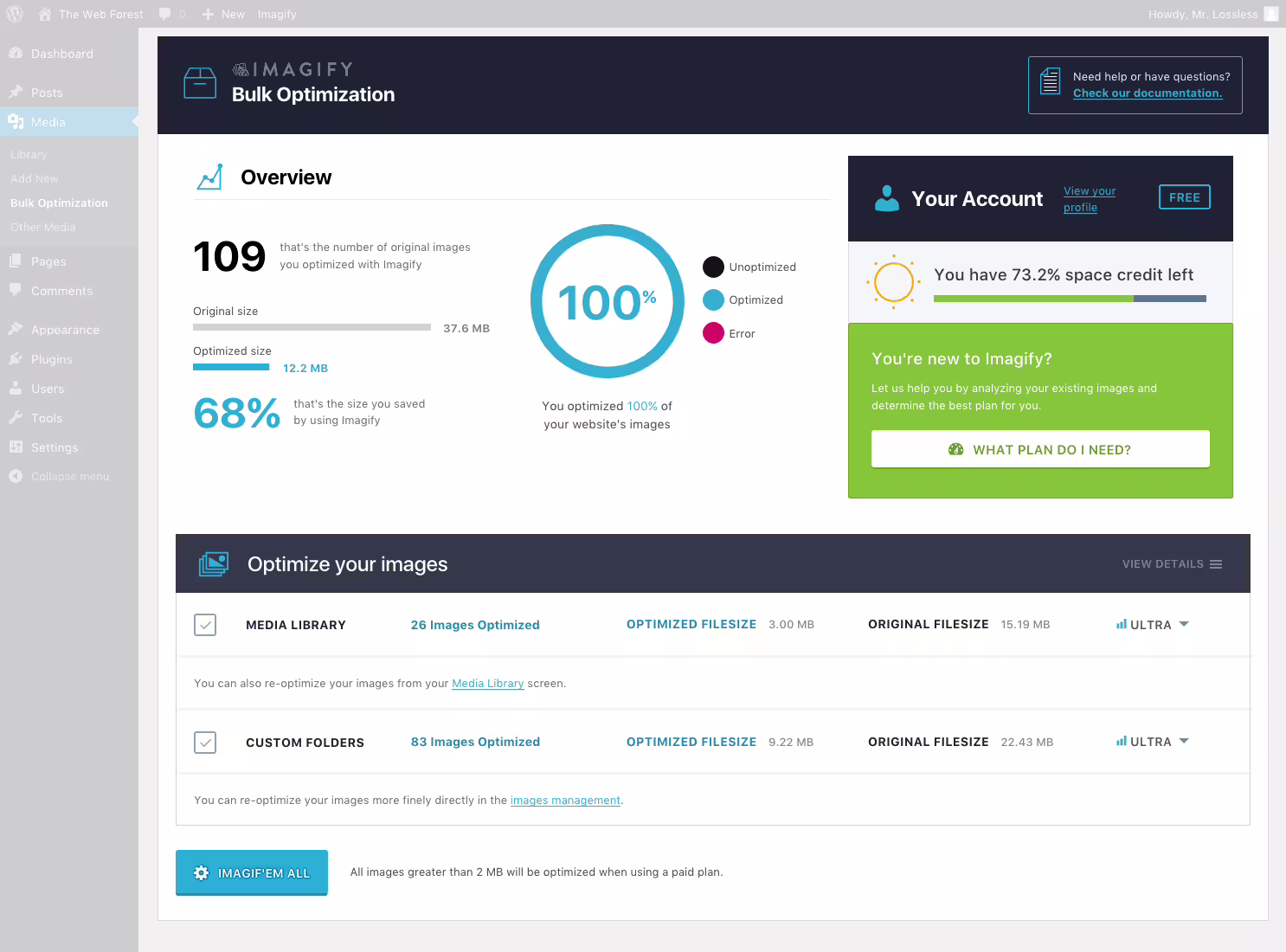 Screenshot of the WordPress plugin imagify about: compress images, convert AVIF, convert webp, image optimization, optimize images