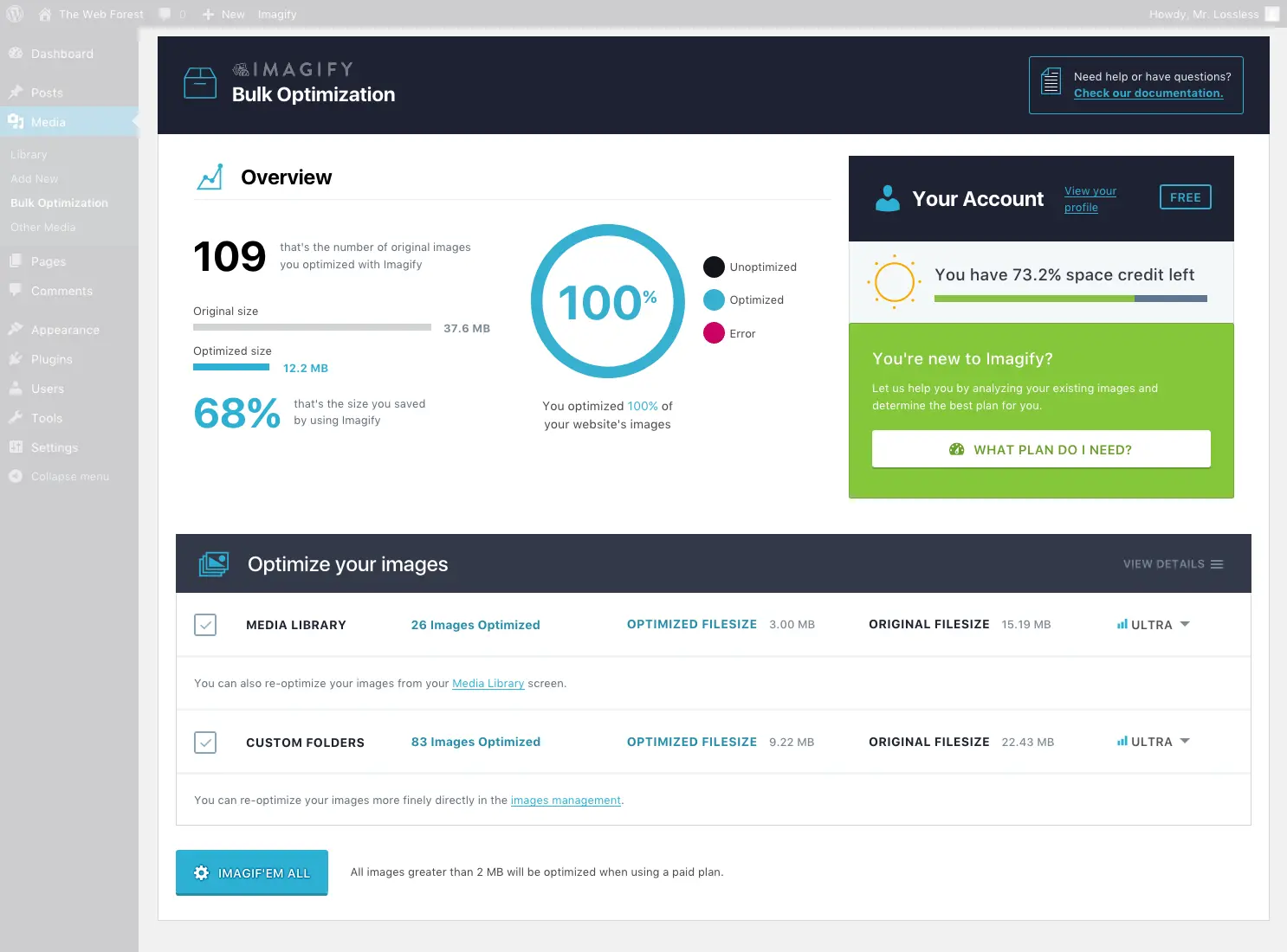 Screenshot des WordPress Plugins imagify zum Thema: compress images, convert AVIF, convert webp, image optimization, optimize images