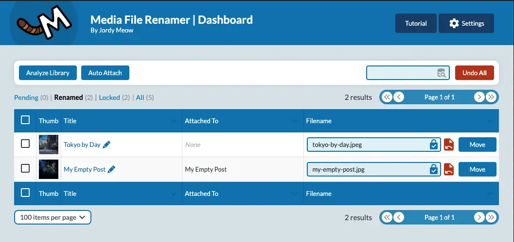 Screenshot of the WordPress plugin media-file-renamer on the topic: file, media, move, rename, seo
