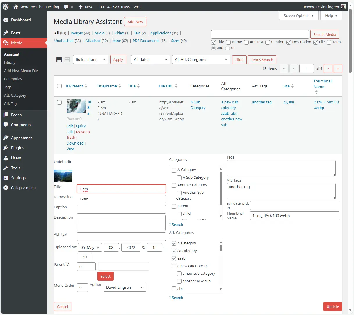 Screenshot of the WordPress plugin media-library-assistant on the topics: categories, images, media, media library, tags