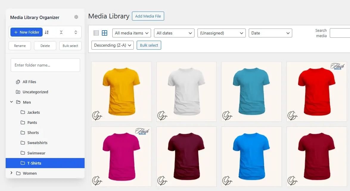 Screenshot of the WordPress plugin media-library-organizer about: file manager, media categories, media folders, organize files, taxonomy
