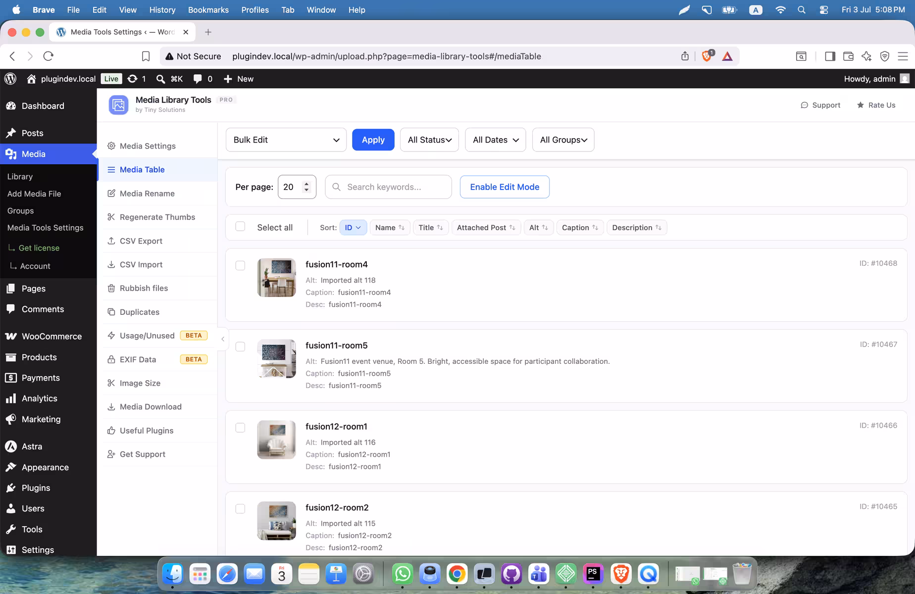 Screenshot of the WordPress plugin media-library-tools about: Alt Text, cleaner, csv export-import, duplicate, rename