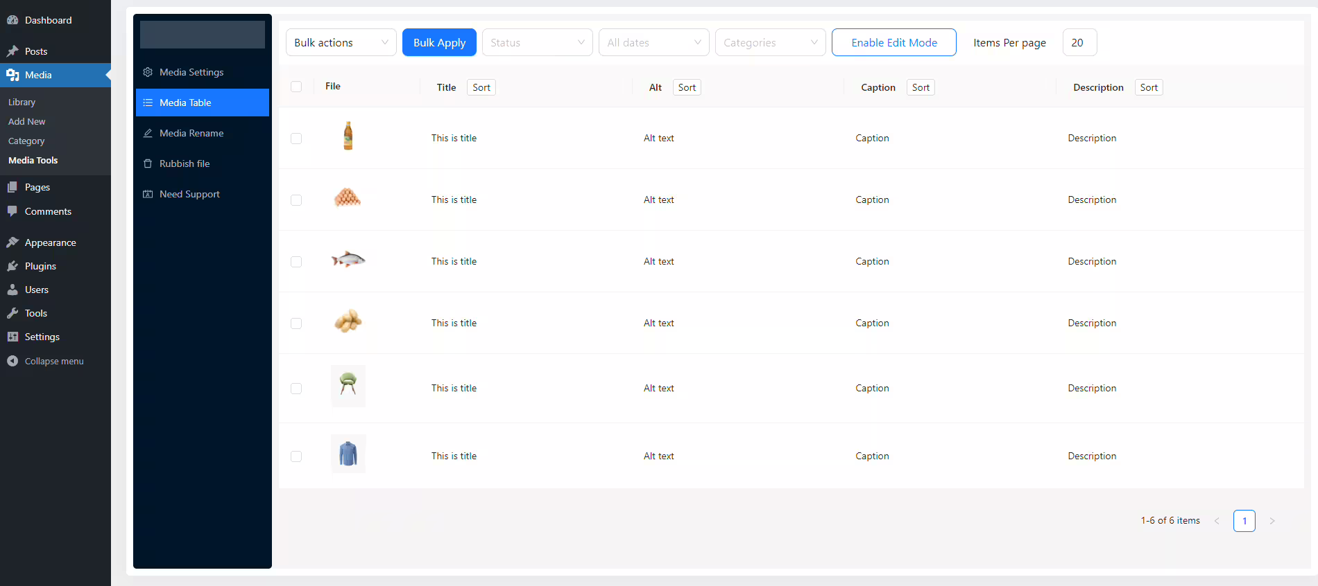 Screenshot of the WordPress plugin media-library-tools about: Alt Text, cleaner, csv export-import, duplicate, rename