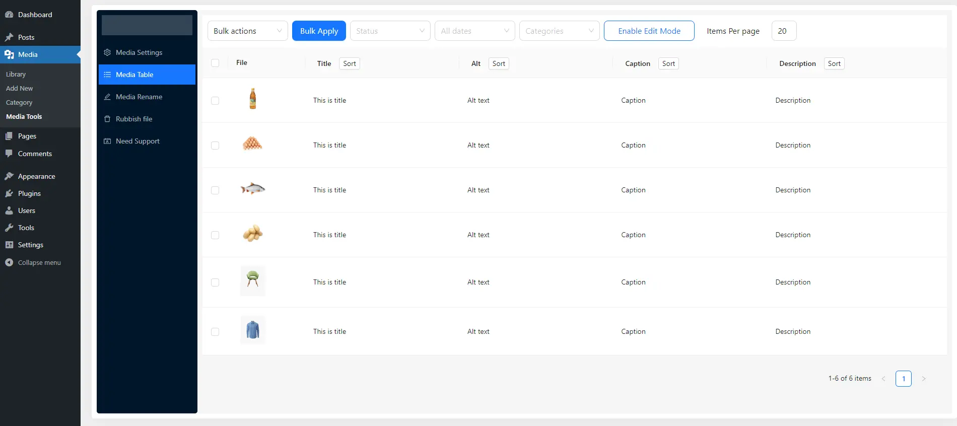 Screenshot of the WordPress plugin media-library-tools on the topic: Alt Text, cleaner, csv export-import, duplicate, rename