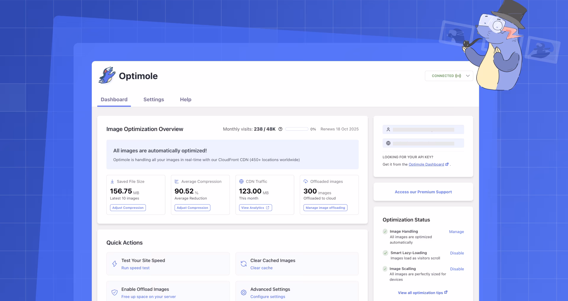 Screenshot of the WordPress plugin optimole-wp on the topics: AVIF, compress images, image optimization, optimize images, webp