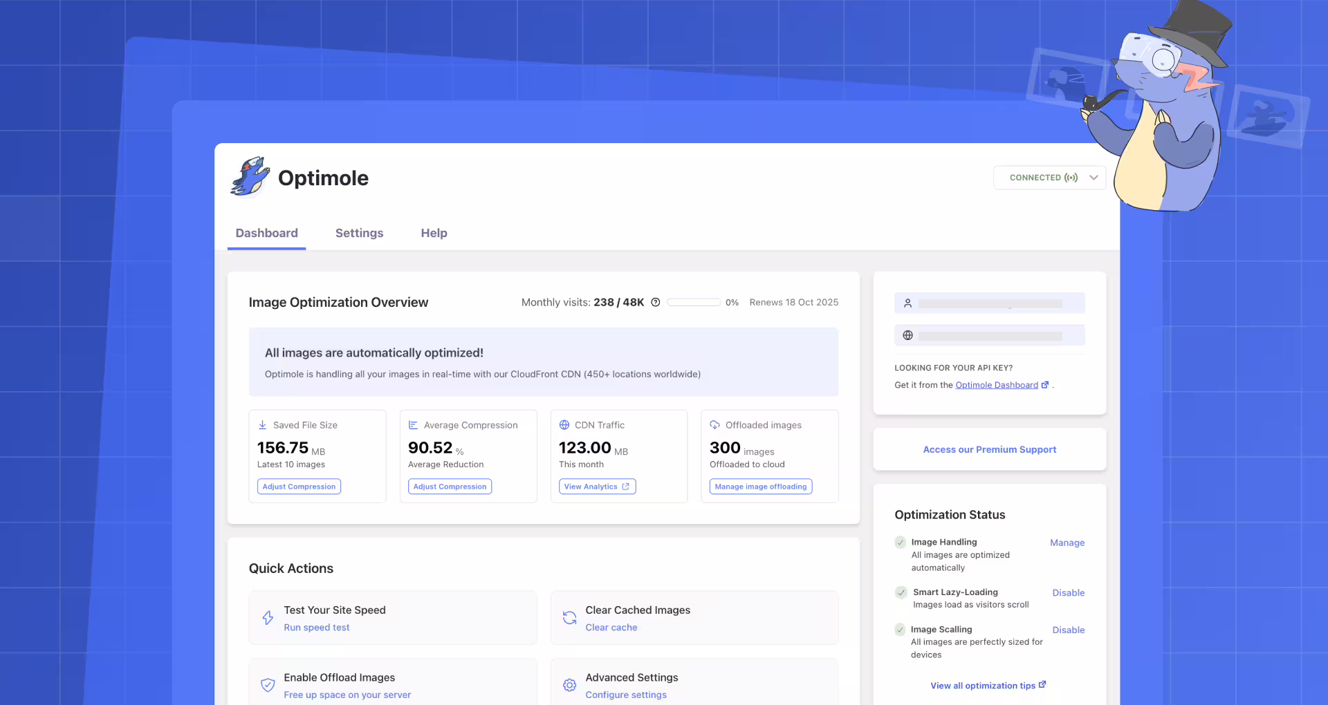 Screenshot of the WordPress plugin optimole-wp on the topics: AVIF, compress images, image optimization, optimize images, webp