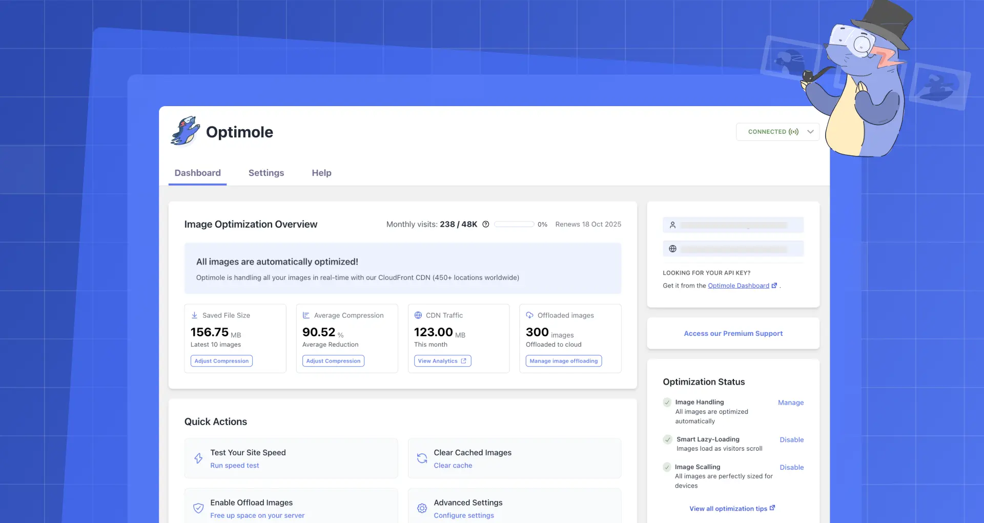 Screenshot of the WordPress plugin optimole-wp about: convert webp, image optimization, image optimizer, lazy load, optimize images