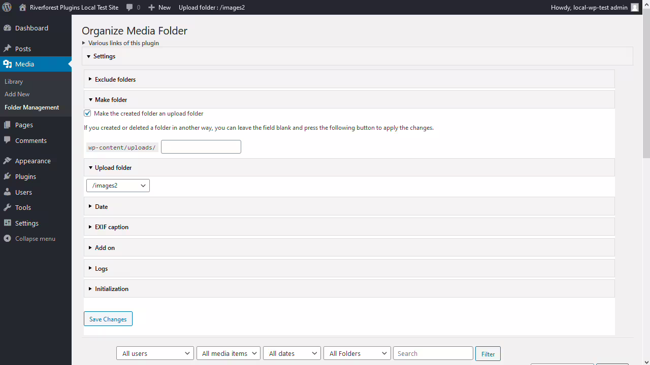 Screenshot of the WordPress plugin organize-media-folder on the topic: admin, directories, folders, media, media library