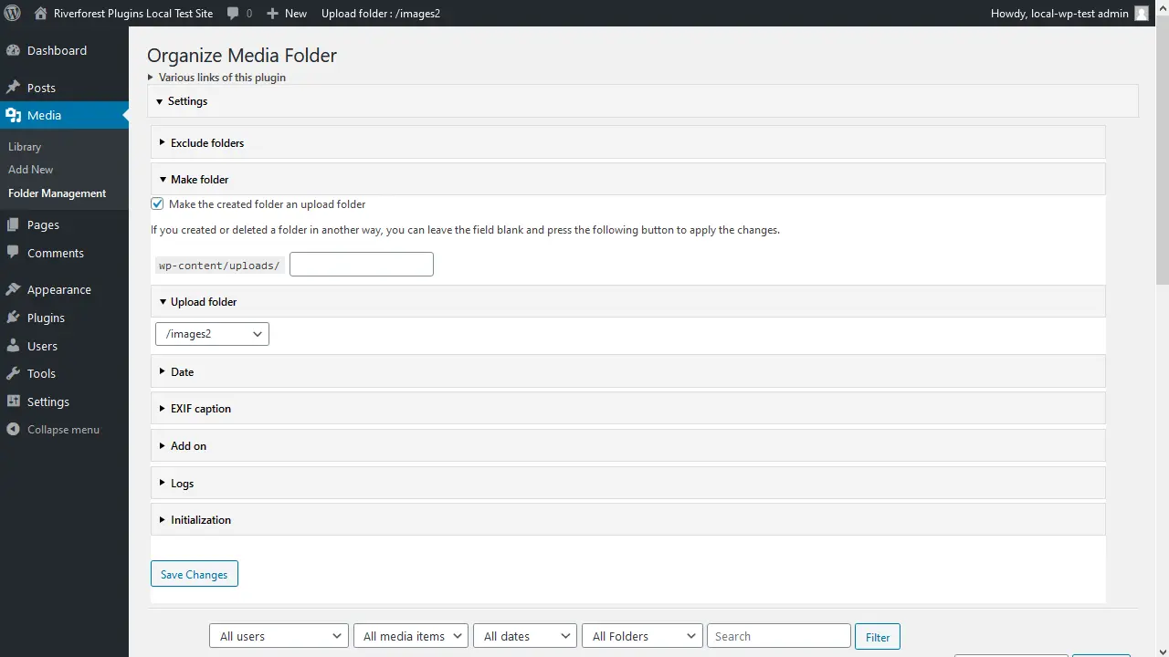 Screenshot of the WordPress plugin organize-media-folder on the topic: admin, directories, folders, media, media library