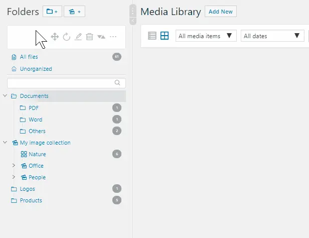 Screenshot of the WordPress plugin real-media-library-lite on the topic: file manager, media folder, media library folder, media library folders, WordPress media library folders