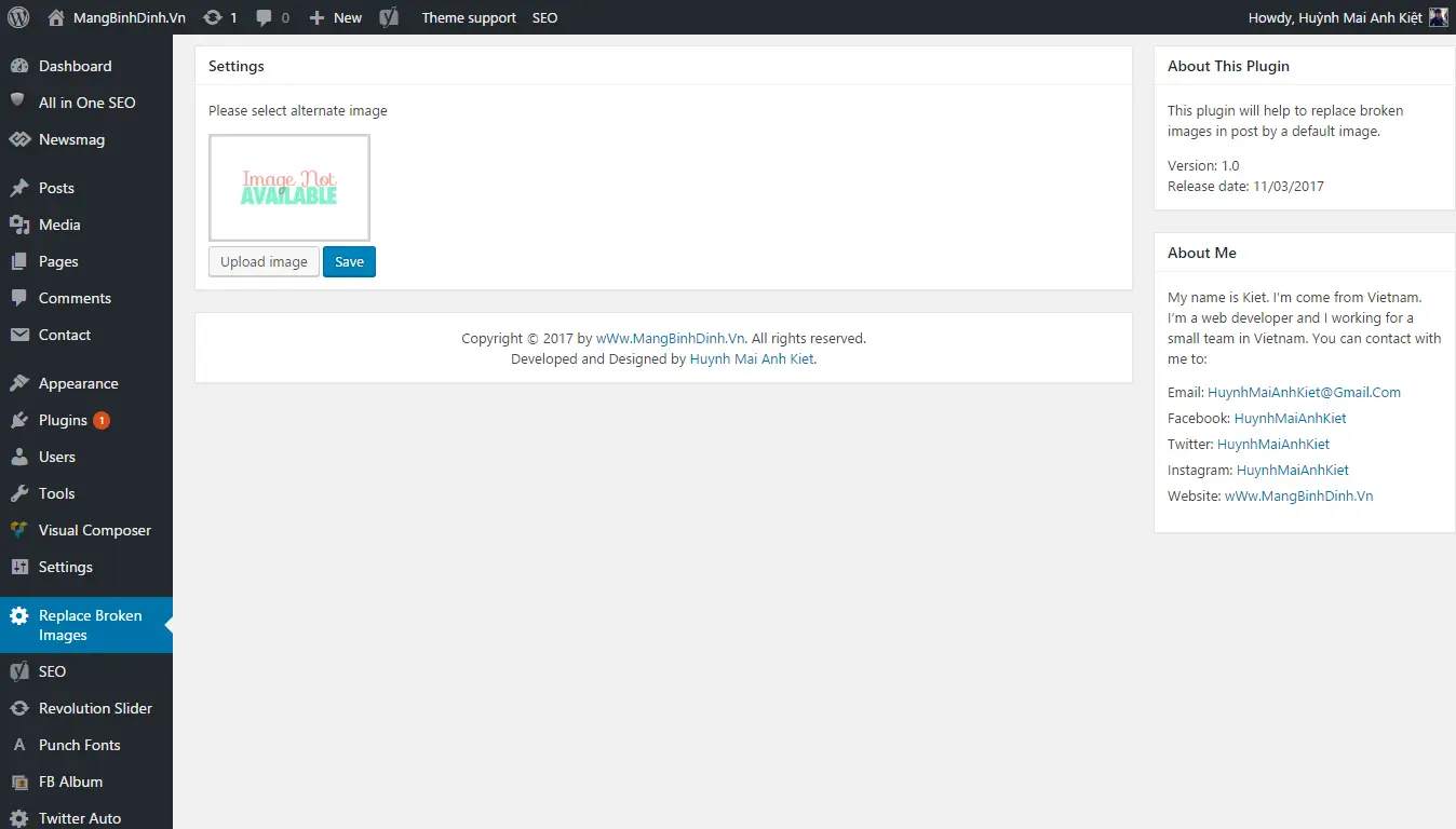 Screenshot des WordPress Plugins replace-broken-images zum Thema: broken, image, page, post