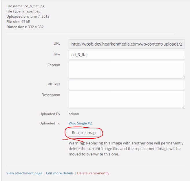 Captura de pantalla del plugin de WordPress replace-image sobre: image, images, media, overwrite, replace