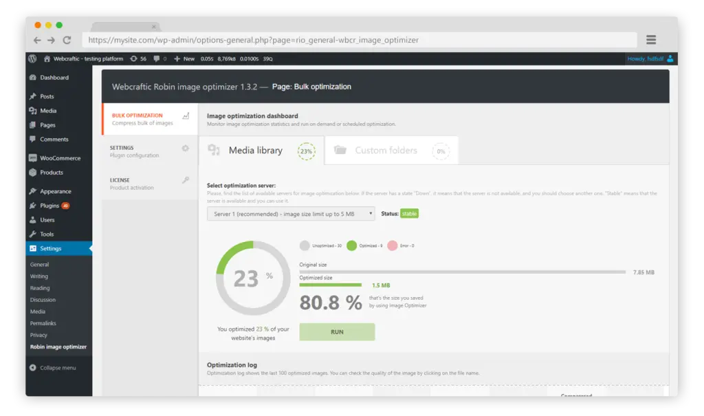 Screenshot of the WordPress plugin robin-image-optimizer on the topic: image, image optimization, optimizer, resmush.it, smush