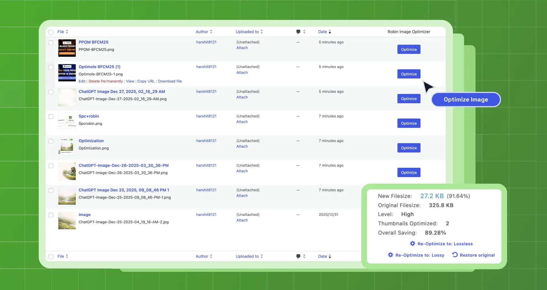 Screenshot of the WordPress plugin robin-image-optimizer about: compress images, image optimizer, image optimization, unlimited image optimization, webp converter