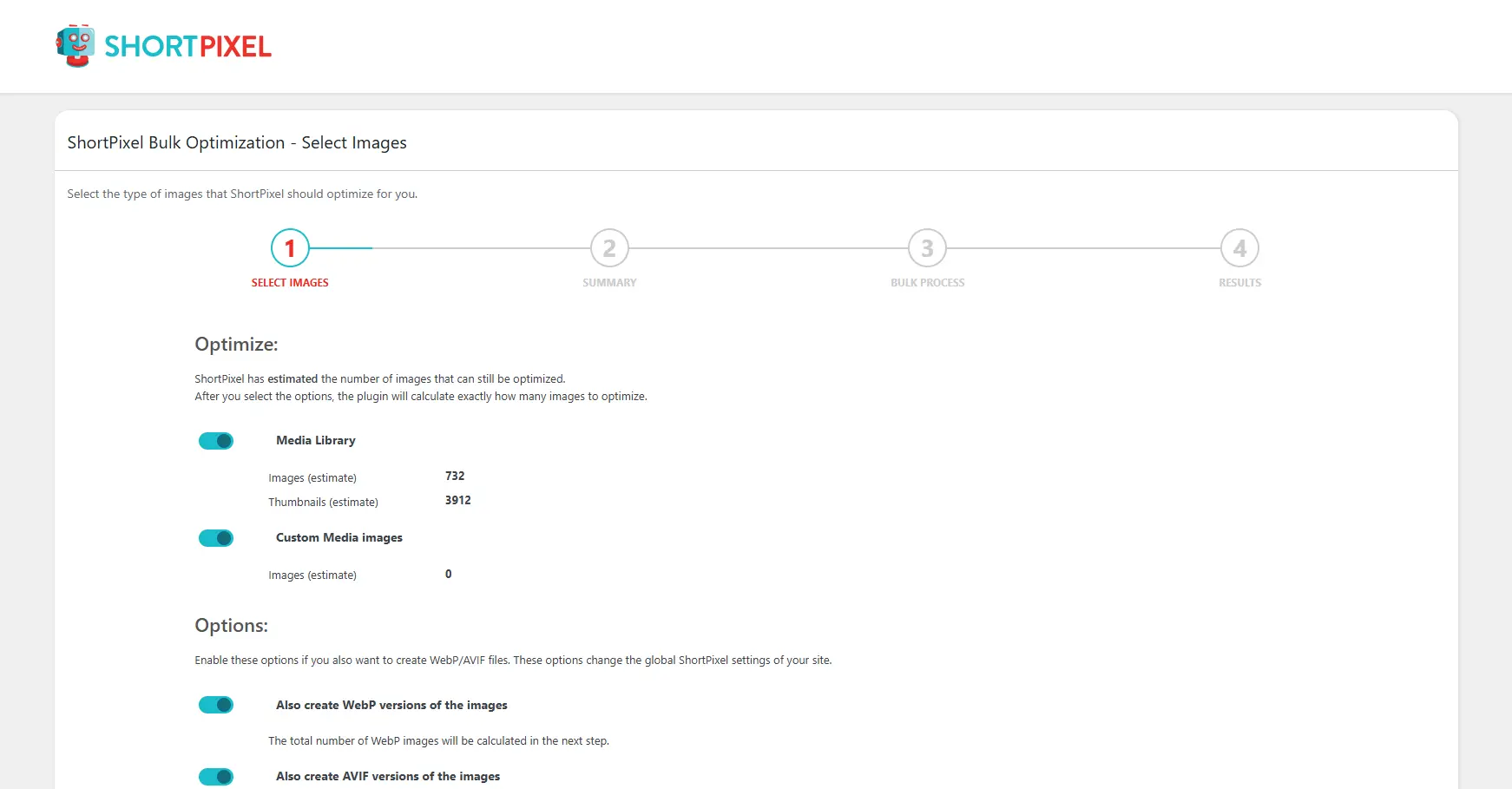 Screenshot of the WordPress plugin shortpixel-image-optimiser regarding: compress images, convert webp, image optimization, optimize images, resize