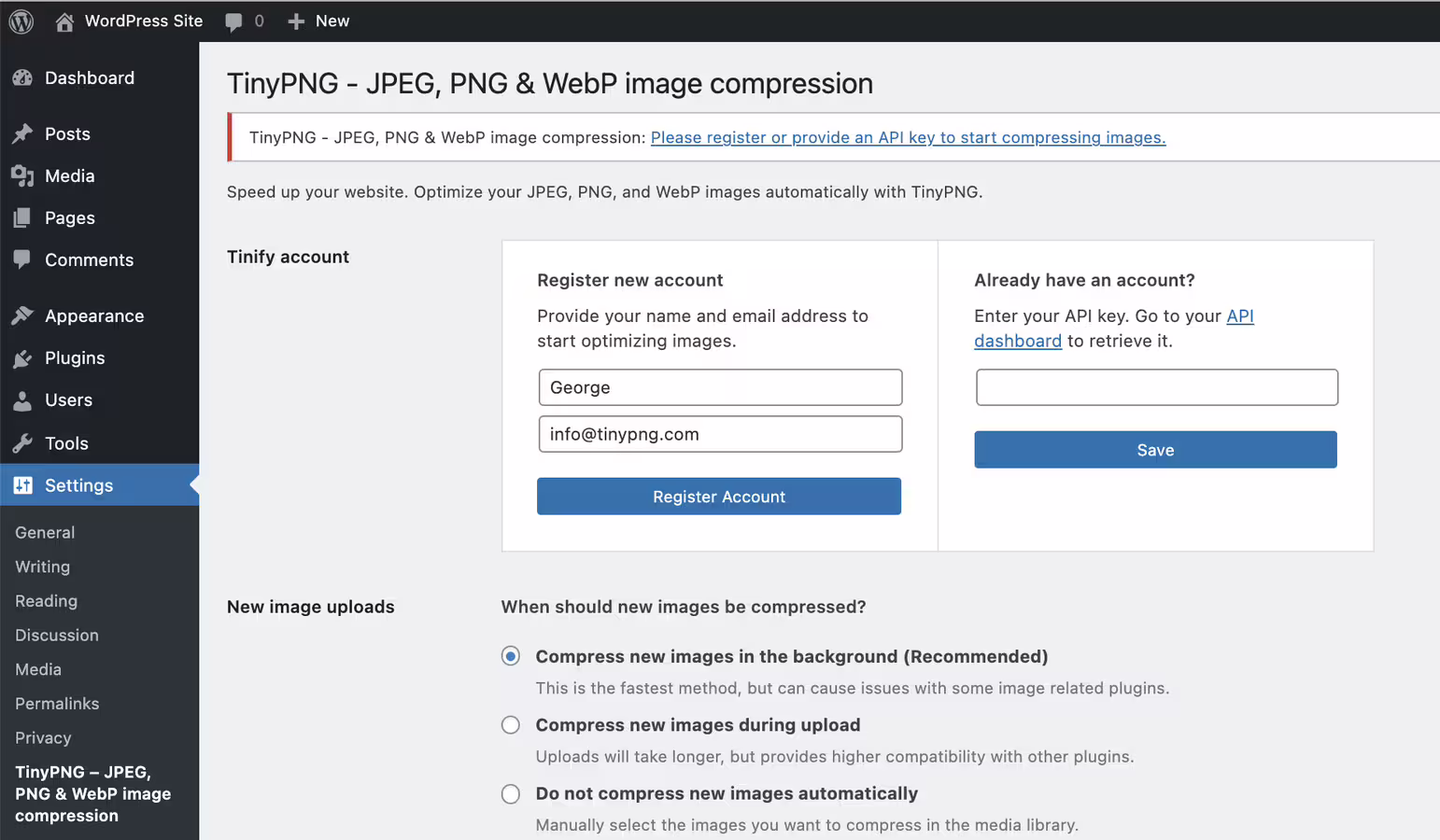 Screenshot of the WordPress plugin tiny-compress-images about: compress images, compression, image size, Page Speed, performance
