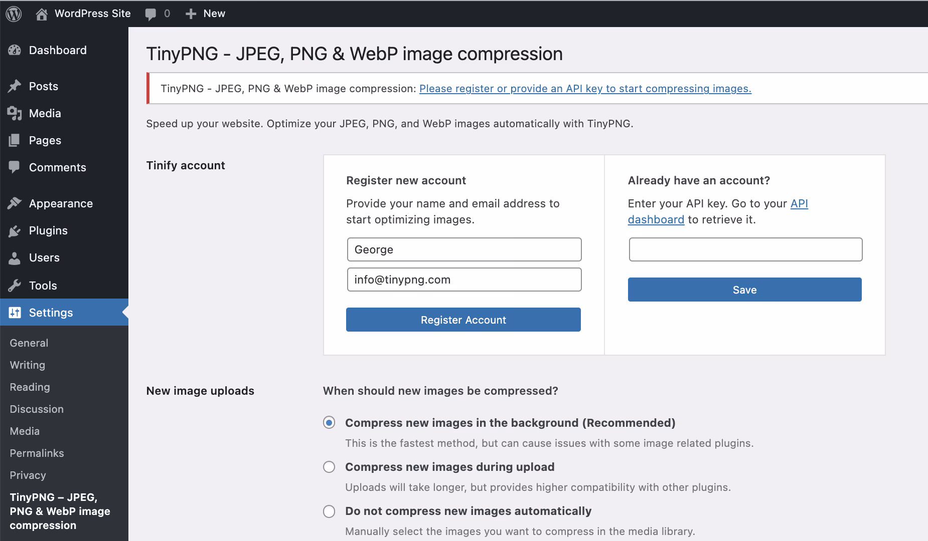Screenshot of the WordPress plugin tiny-compress-images about: compress images, compression, image size, Page Speed, performance
