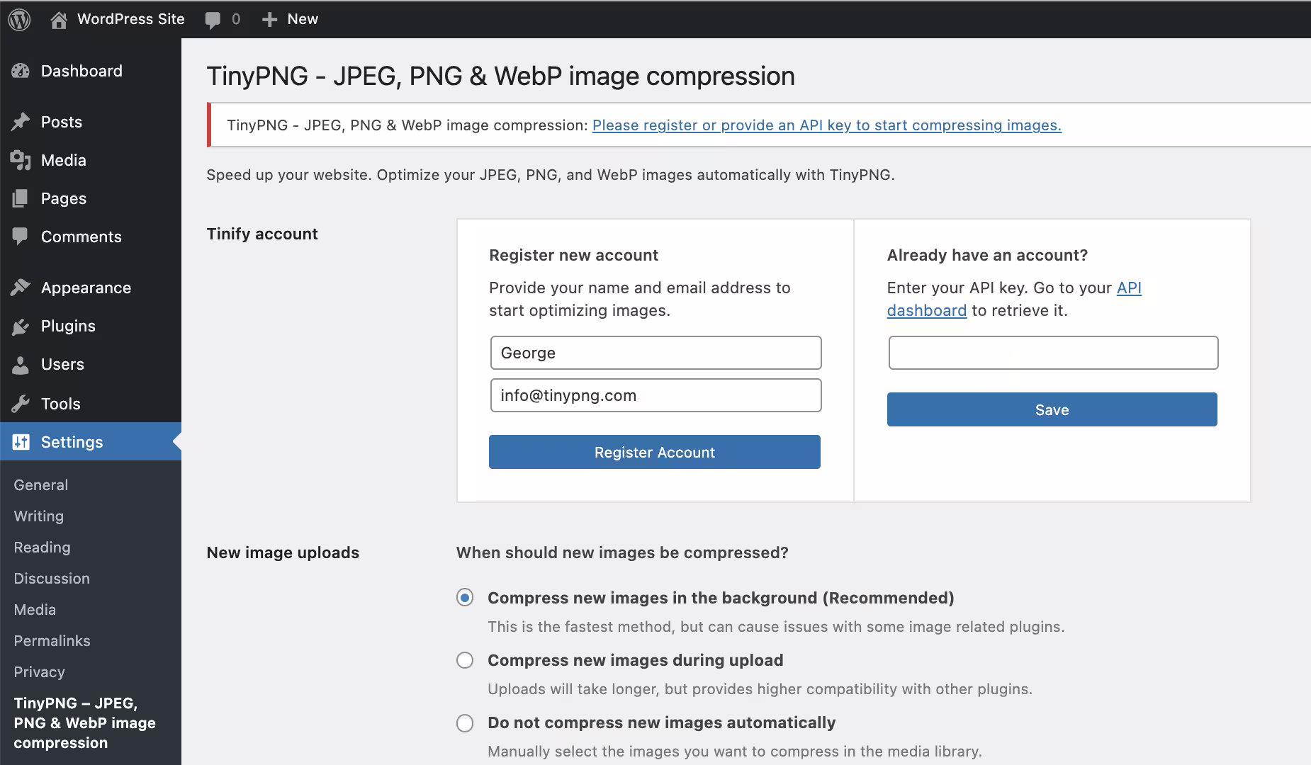 Screenshot des WordPress Plugins tiny-compress-images zum Thema: Bilder komprimieren, Kompression, Bildgröße, Page Speed, Performance