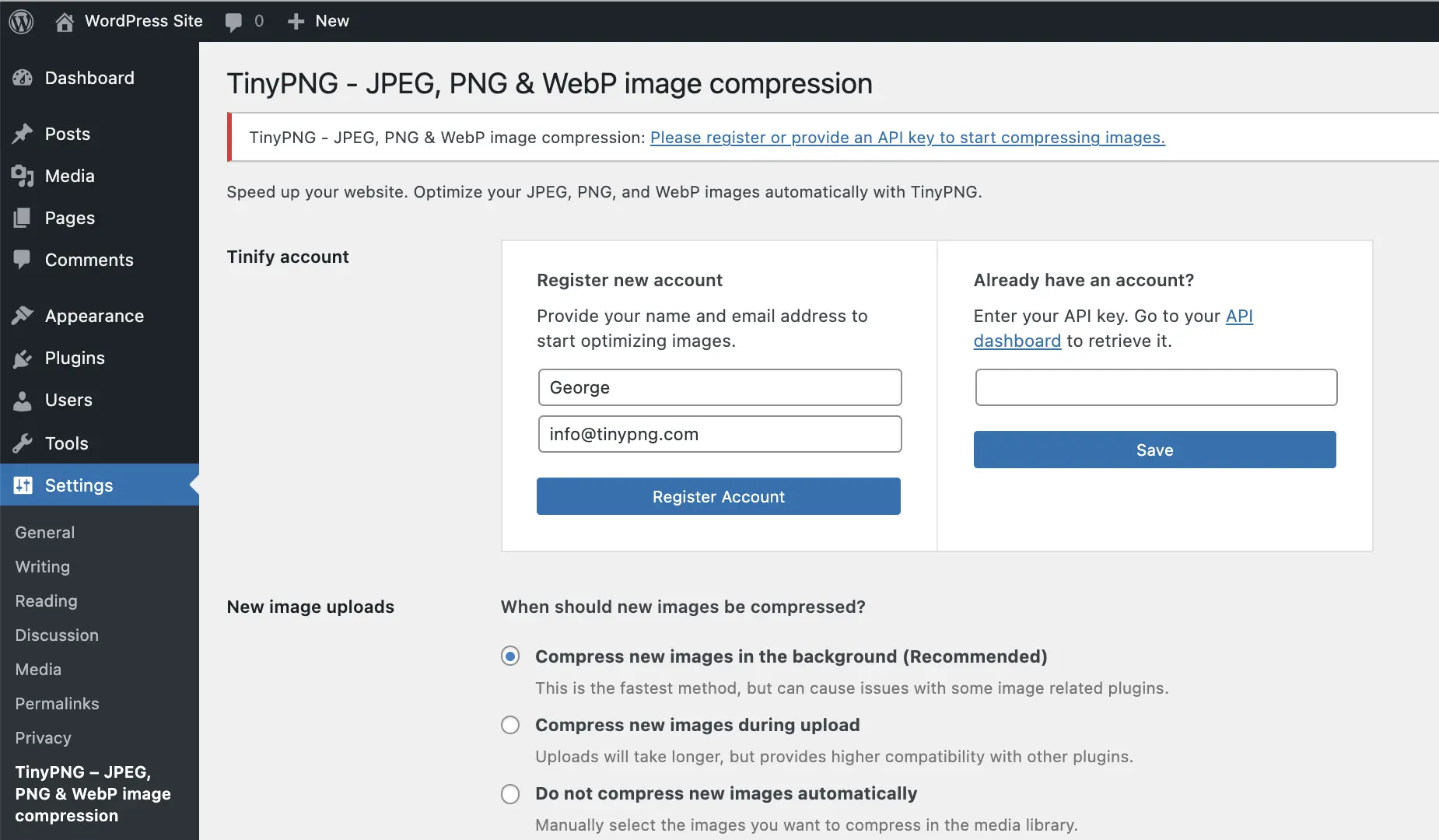 Screenshot des WordPress Plugins tiny-compress-images zum Thema: compress images, compression, image size, Page Speed, performance