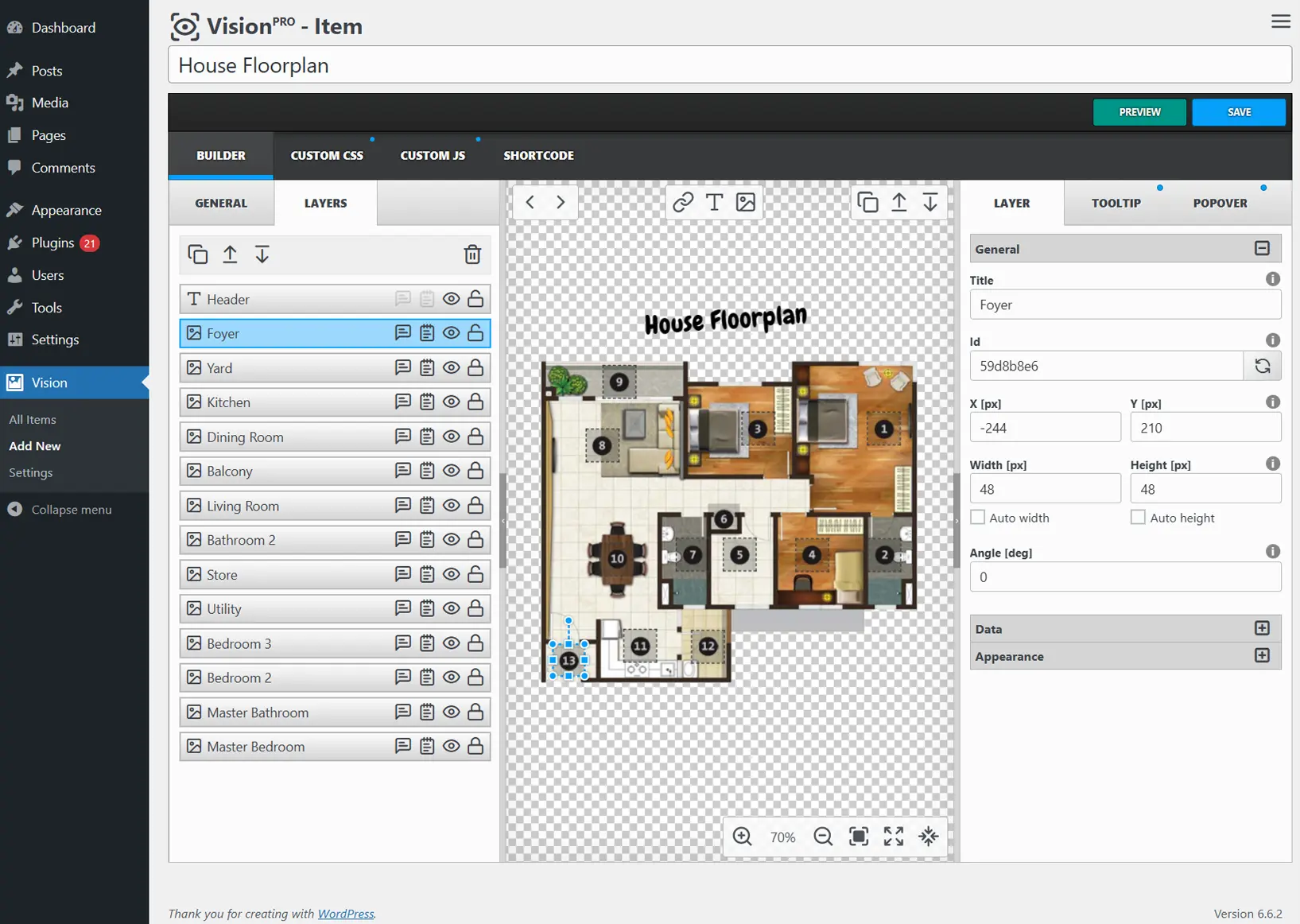 Screenshot of the WordPress plugin Vision on the topic: floor plan, hotspots, image maps, infographics, interactive images