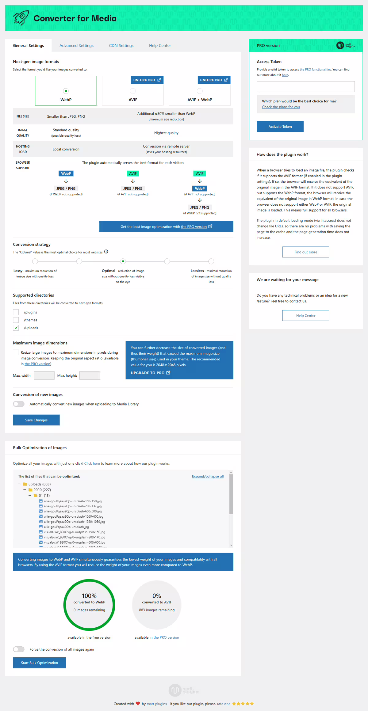 Screenshot of the WordPress plugin webp-converter-for-media about: compress images, convert webp, image optimization, optimize images, webp