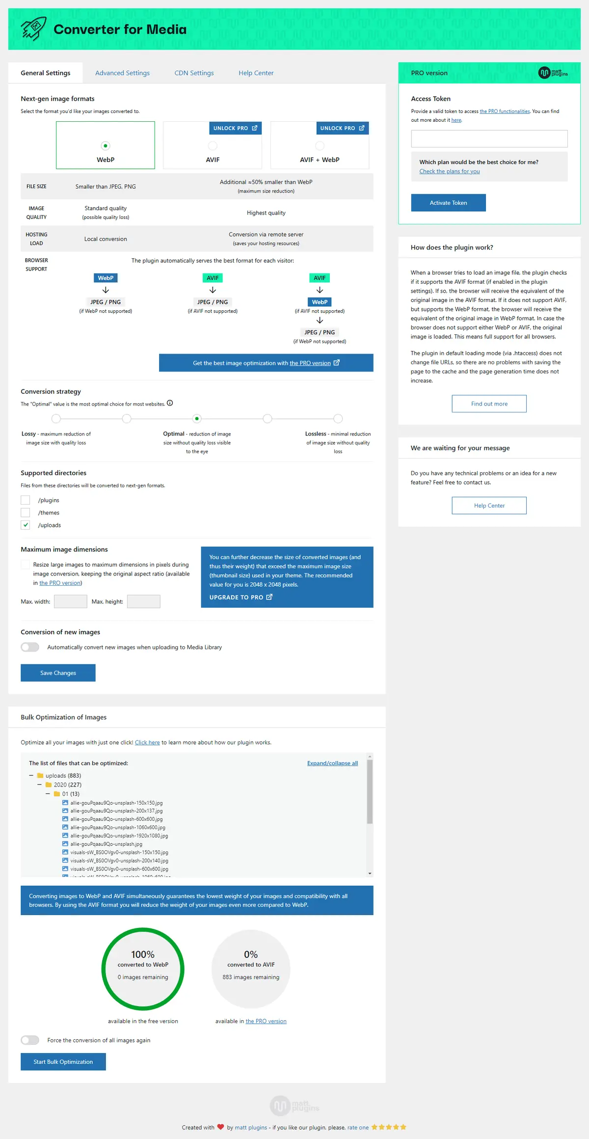 Screenshot des WordPress Plugins webp-converter-for-media zum Thema: compress images, convert webp, image optimization, optimize images, webp