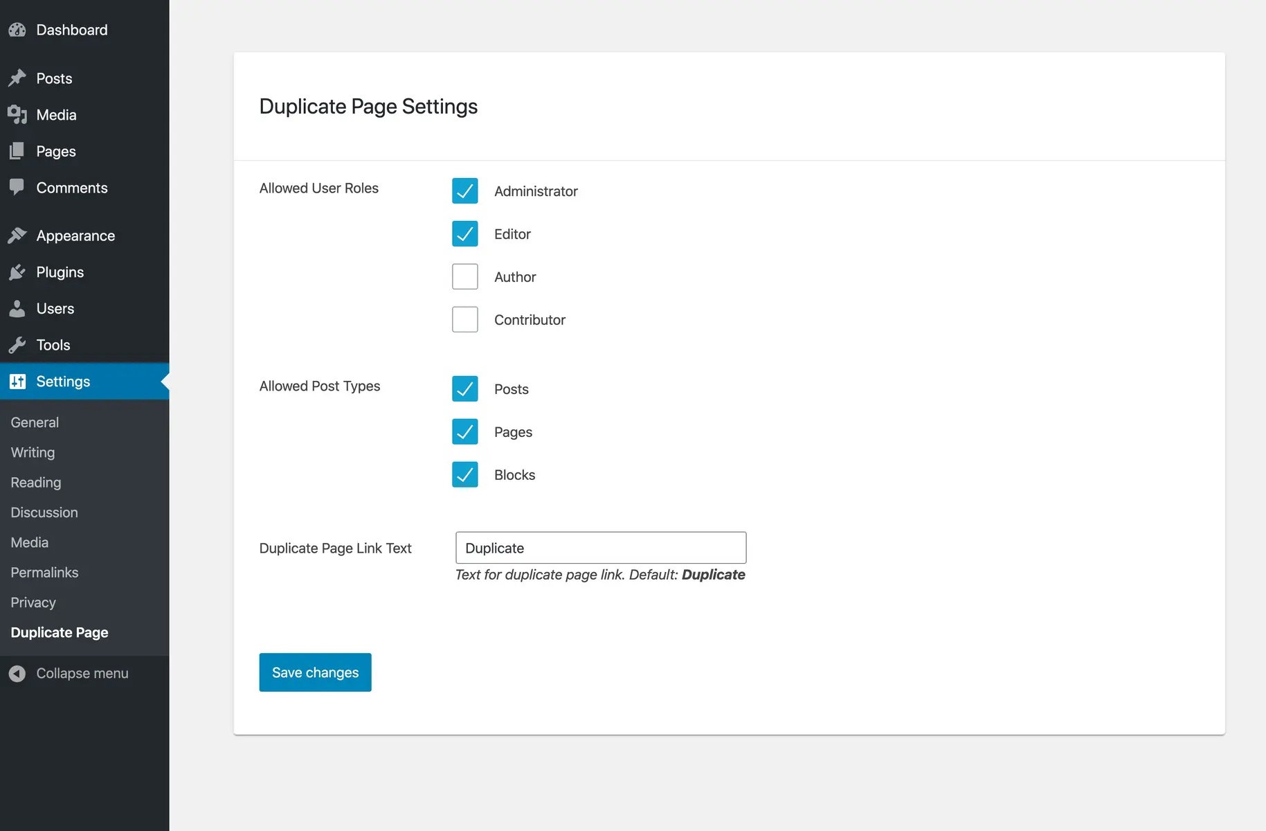 Captura de pantalla del plugin de WordPress wp-duplicate-page sobre: backup, clone page, clone post, duplicate page, duplicate post