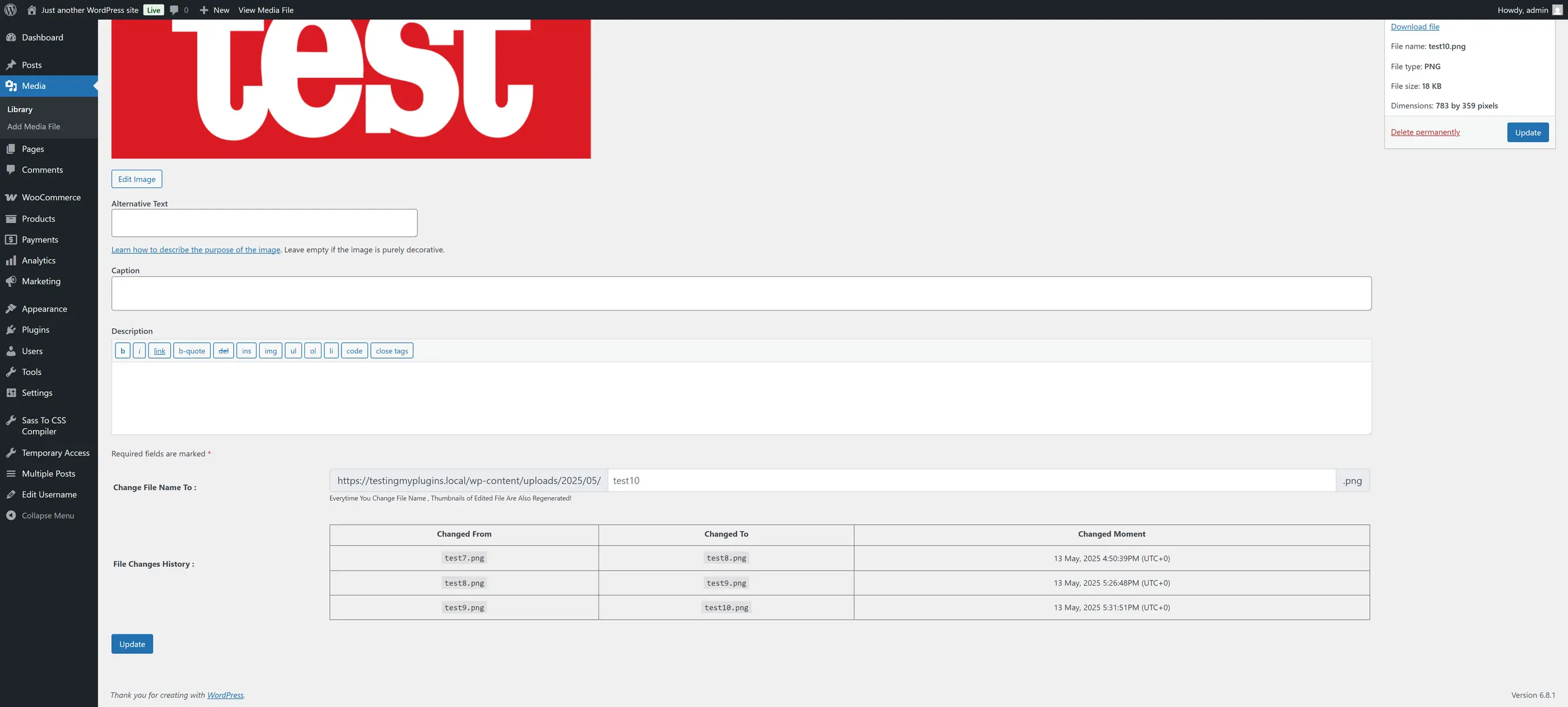 Captura de pantalla del plugin de WordPress wp-media-files-name-rename sobre: attachment, edit post, edit-media-file-name, post