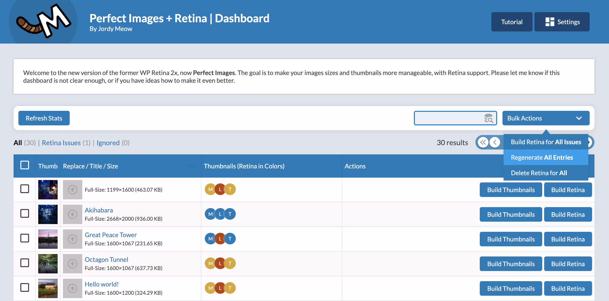 Screenshot des WordPress Plugins wp-retina-2x zum Thema: AVIF, regenerate, retina, thumbnails, webp