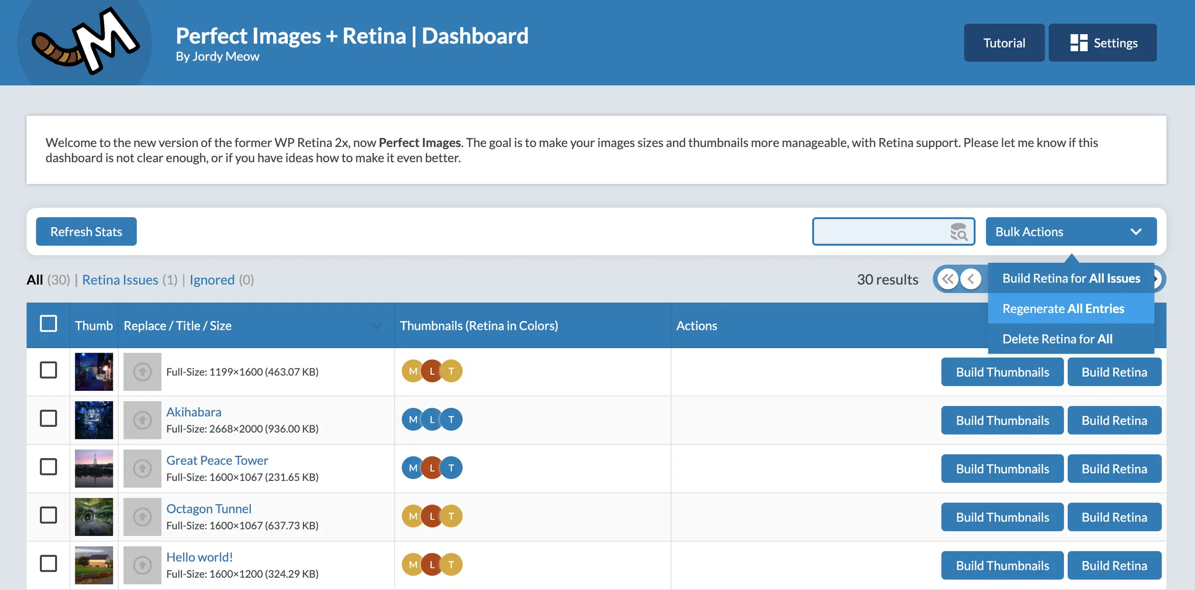 Capture d’écran du plugin WordPress wp-retina-2x sur le thème : AVIF, regenerate, retina, thumbnails, webp