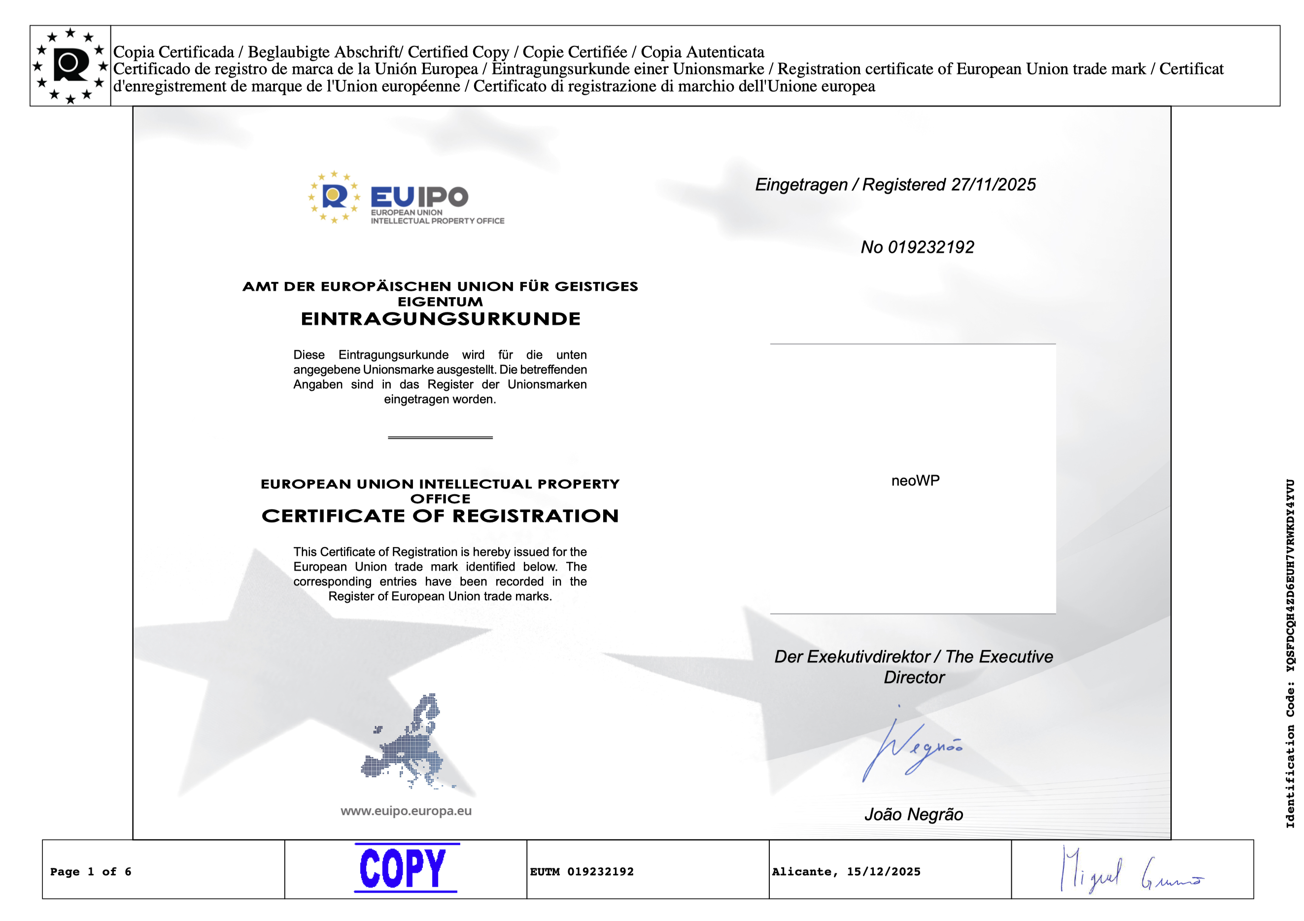 Certificate of registration of the word mark neo WP of the WP plugin at EUIPO - European Union Intellectual Property Office